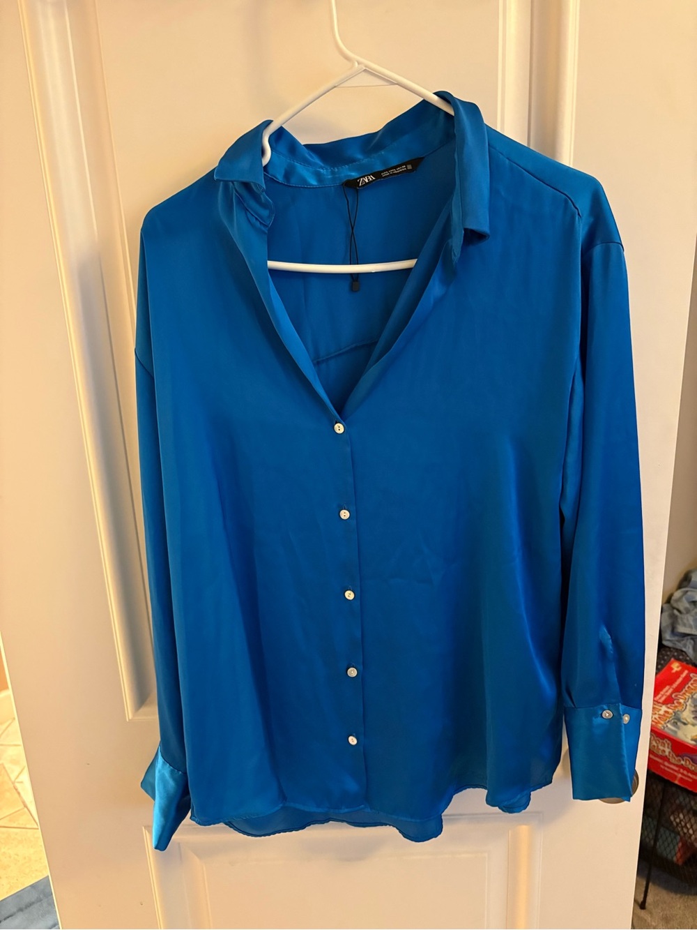 Zara Bright Blue Button-Front Satin Blouse